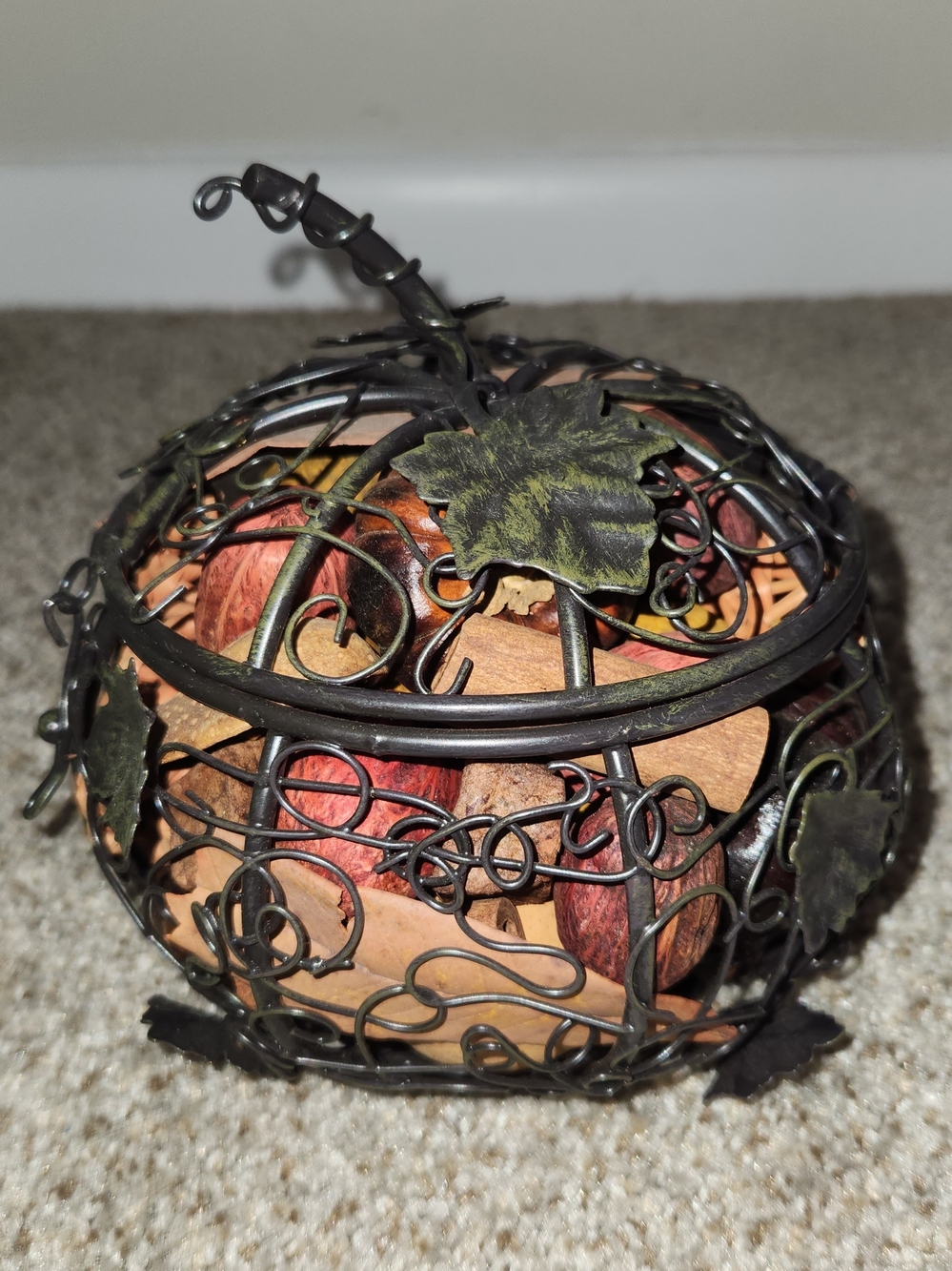 Metal Pumpkin Potpourri Basket with Green Leaf Accents